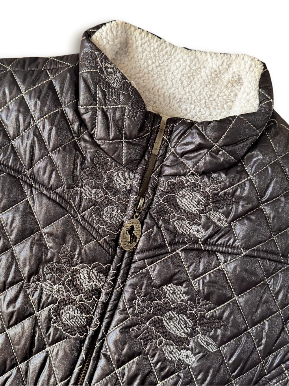 Cowgirl Up Embroidered Quilted Windbreaker Sherpa Vest Floral Brown